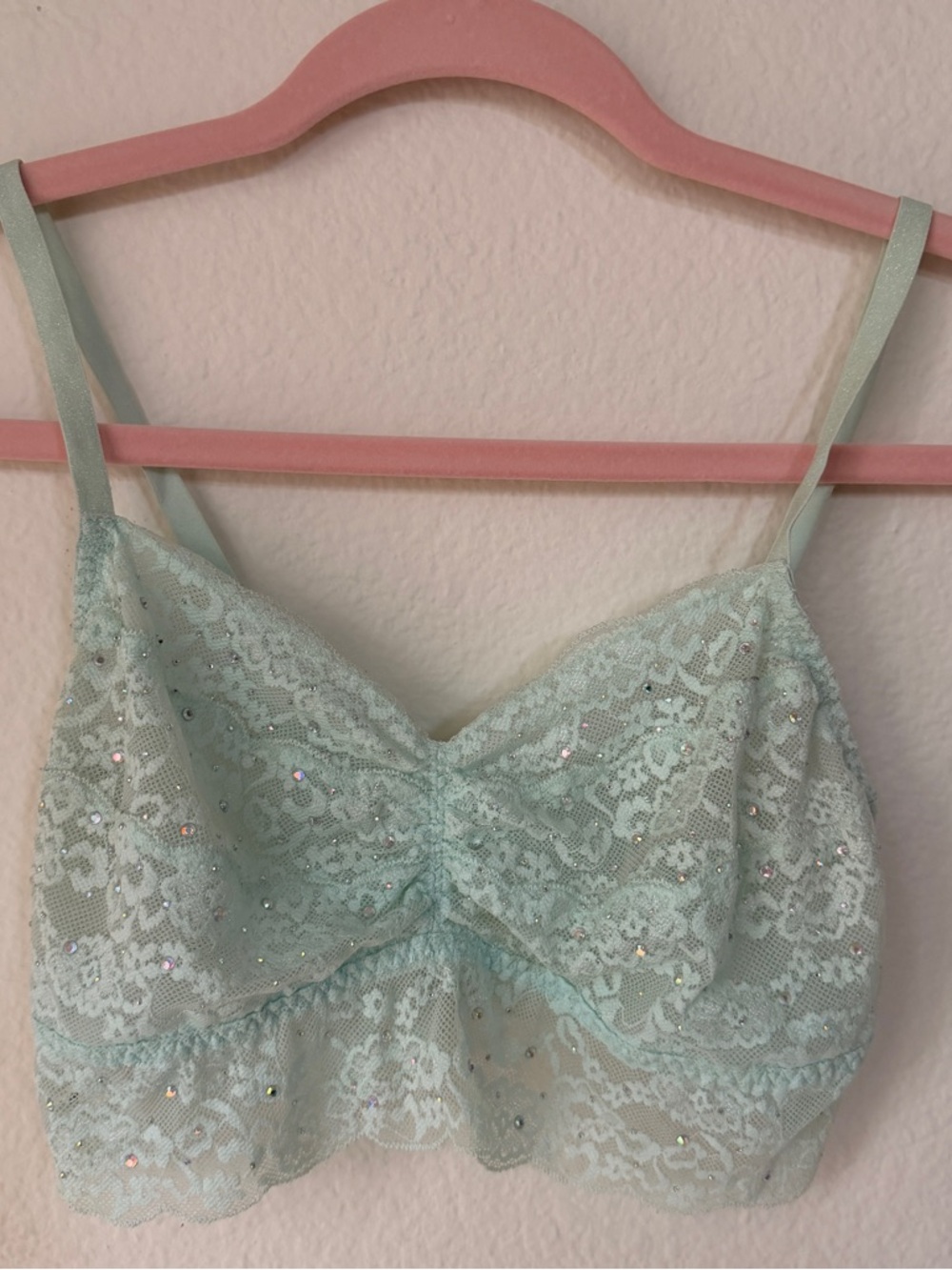 Y2K Victoria’s Secret PINK Lace Bralette Mint Green Rhinestone Sheer Cami Top M